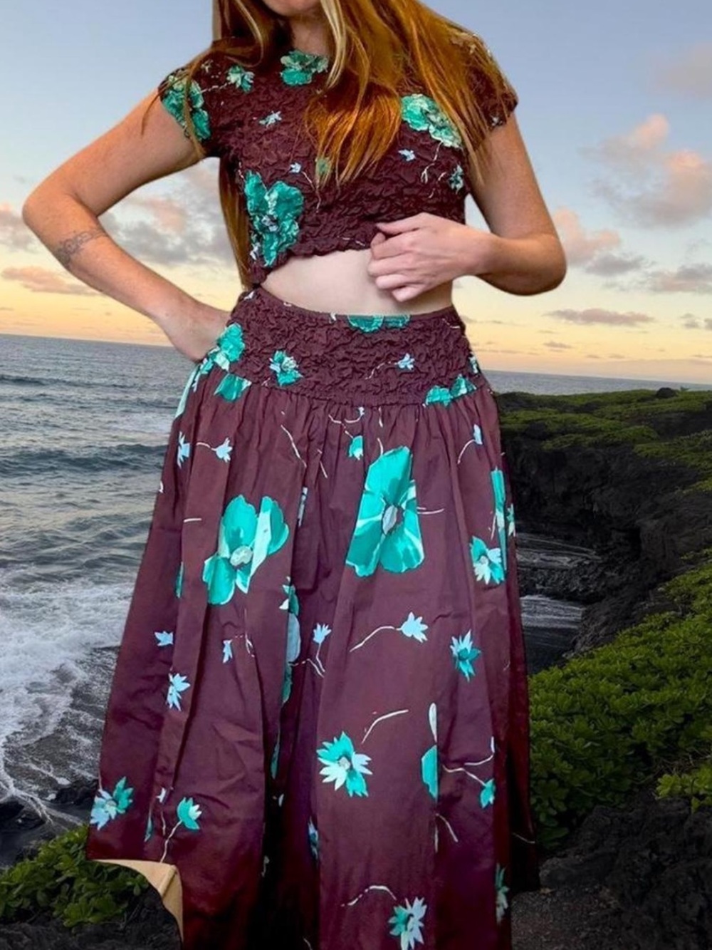 Rare Free People Medium scrunch set Floral Midi Skirt Brown with Teal Flowers
